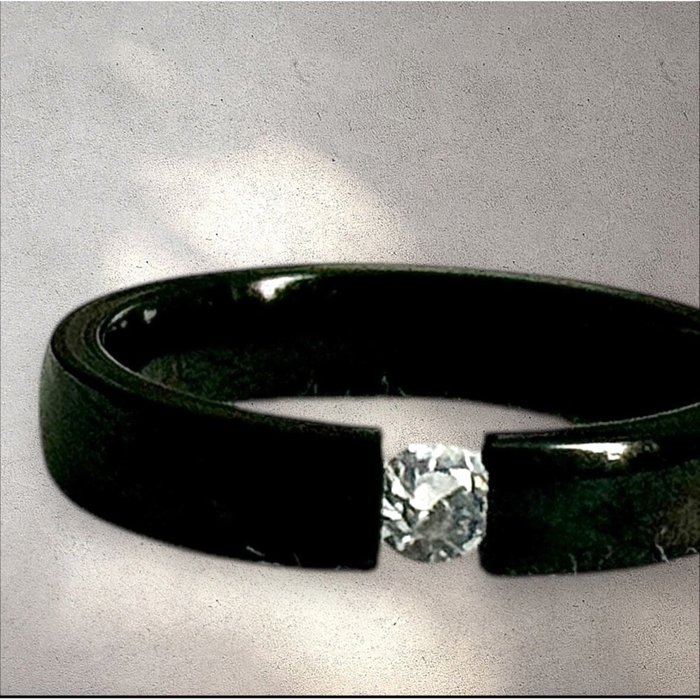 Minimalist Black Stainless‎ Steel Ring with Center Simulated Diamond
